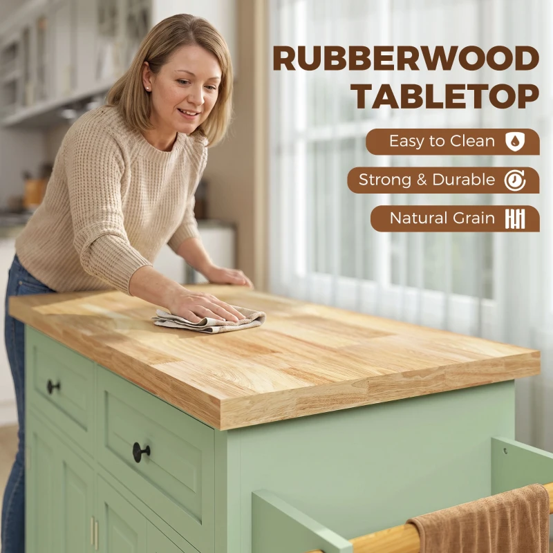 HOMCOM Rolling Kitchen Island Storage Trolley with Rubber Wood Top & Drawers for Dining Room, Light Green