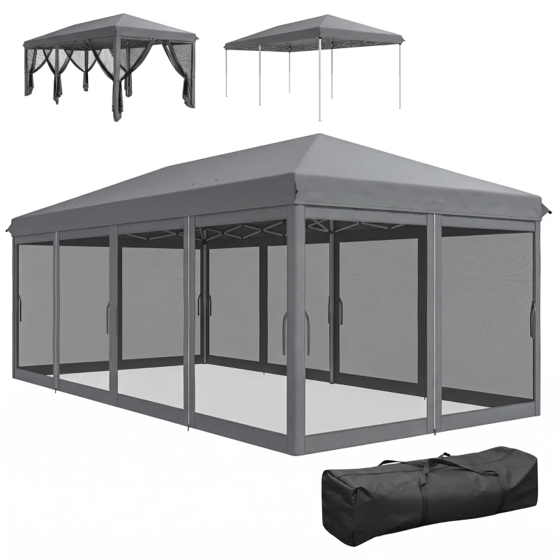 Outsunny Tenda Dobrável 585x295x270 cm Tenda de Jardim com 6 Mosquiteiros Bolsa de Transporte e Estrutura de Aço Cinza