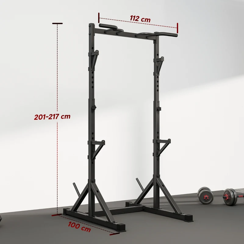 SPORTNOW Rack pentru genuflexiuni reglabil cu suport dublu, suport pentru discuri și bară pentru tracțiuni, din oțel, 112-100x201-217 cm, negru
