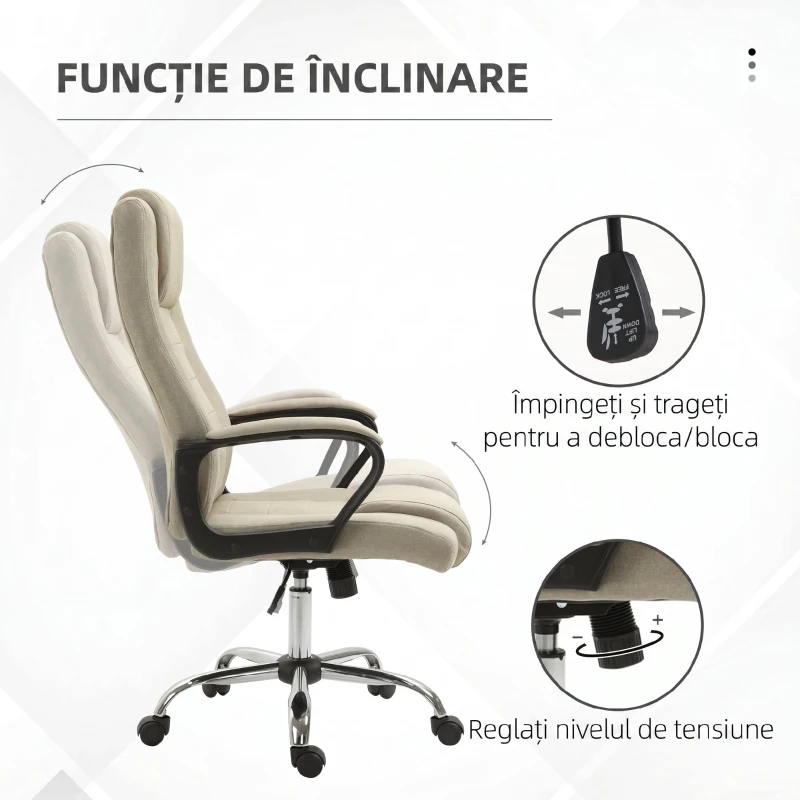 Vinsetto Scaun de Birou Ergonomic, Rotativ și Înclinabil, din Țesătură cu Aspect de In, cu Tetieră, Bej