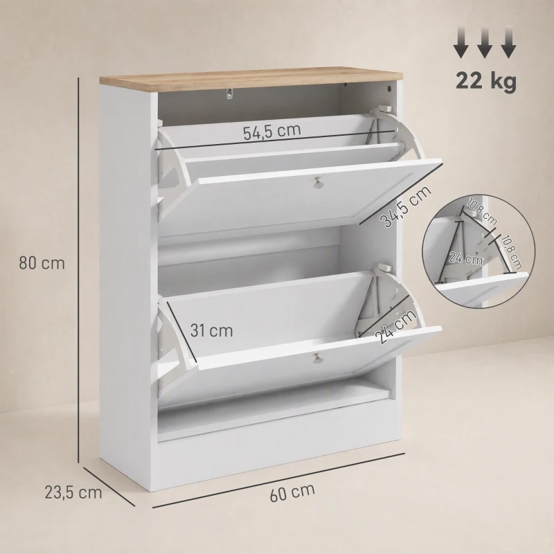 HOMCOM Zapatero Entrada Recibidor con 2 Puertas Estantes Ajustables para 12 Pares de Zapatos 60x23,5x80 cm Blanco