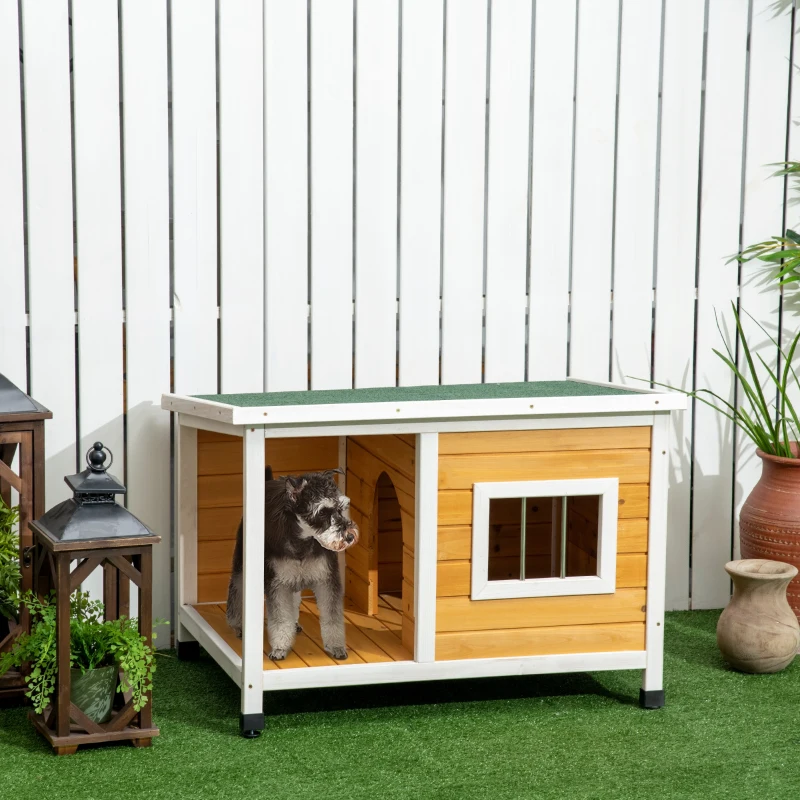 PawHut Cuccia per Cani da Esterno in Legno di Abete con Veranda Coperta e Tetto Inclinabile, 85.5x62x60 cm, Multicolore