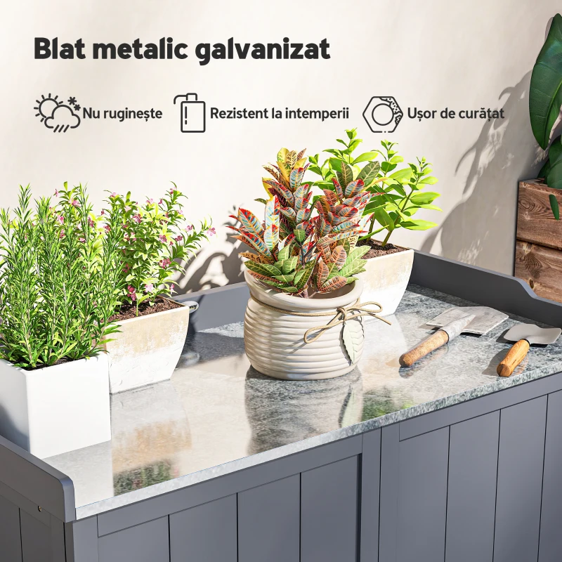 Outsunny Dulap de Exterior din Lemn cu Suprafață din Metal și 2 Rafturi pentru Unelte, 98x48x95,5 cm, Gri