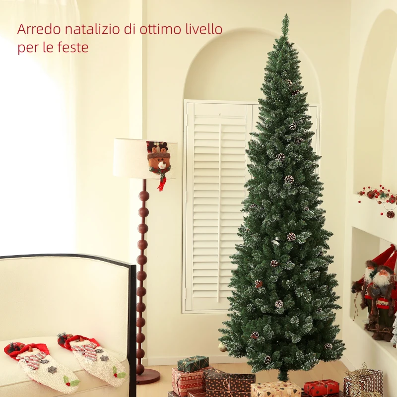 HOMCOM Albero di Natale Innevato Alto 225 cm con 980 Rami, Pigne e Base in Acciaio