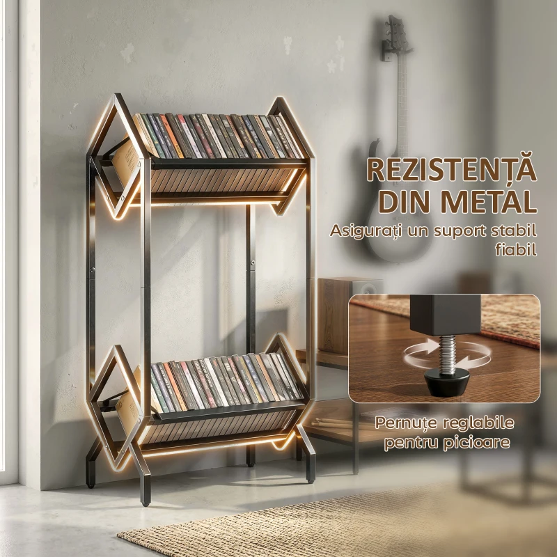 HOMCOM Organizator CD-uri pentru 50 CD-uri, Organizator Viniluri 2 Niveluri din Metal pentru DVD-uri, Cărți, Albume, Negru