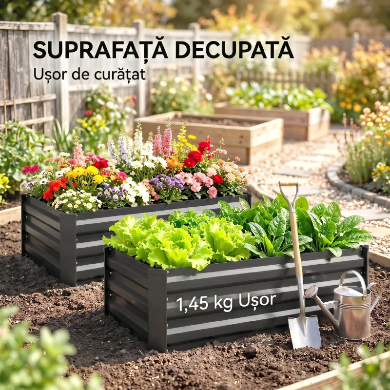 Outsunny Set de 2 jardiniere pentru grădină cu fund deschis, din oțel galvanizat, 100x60x30cm, gri