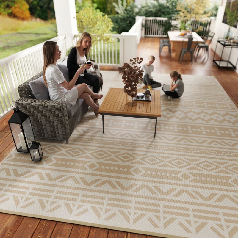 Outsunny Tapis d'extérieur réversible 3,7 x 2,7 m, tapis de sol motif mur géométrique en PP sac de transport kaki et beige clair