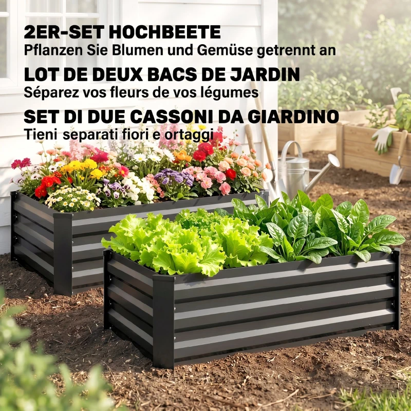 Outsunny Set de 2 jardiniere pentru grădină cu fund deschis, din oțel galvanizat, 100x60x30cm, gri