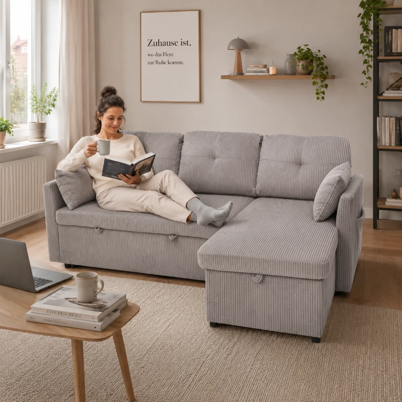 Ecksofa Samt Chaiselongue austauschbar einfach umwandelbar Schlafsofa 200cm Stauraumsitzen Hellgrau