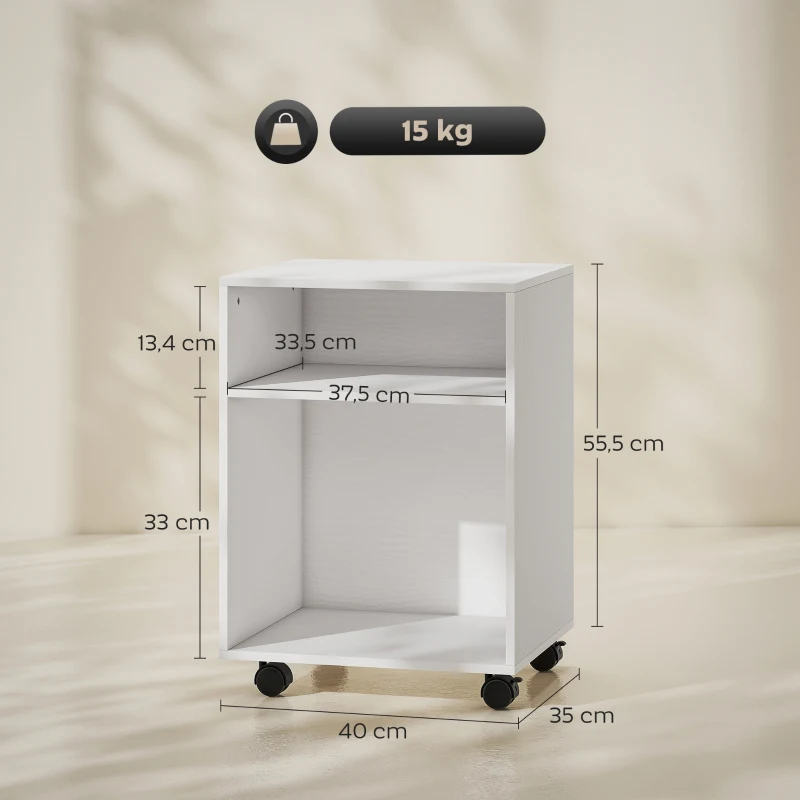 HOMCOM Support d'imprimante, meuble de rangement sur roulettes avec 2 étagères ouvertes, 40x35x55,5cm, blanc