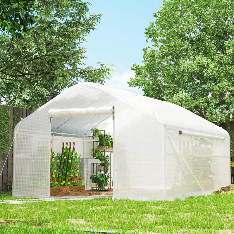 Outsunny Invernadero de Túnel 4x3x2 m con 2 Ventanas Cubierta de PE Anti-UV y 1 Puerta Enrollable con Cremallera Blanco