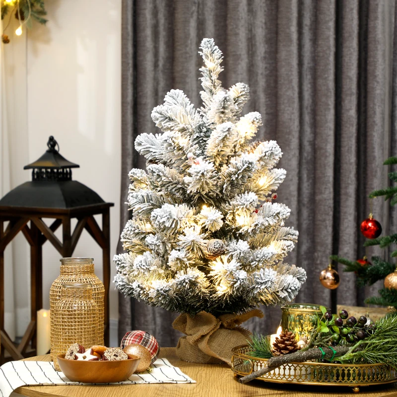 HOMCOM Mini Árvore de Natal Artificial com 35 Luzes LED 60 cm com 72 Ramos com Neve Pinhas Bagas e Base de Saco de Juta Ø37x60 cm Verde