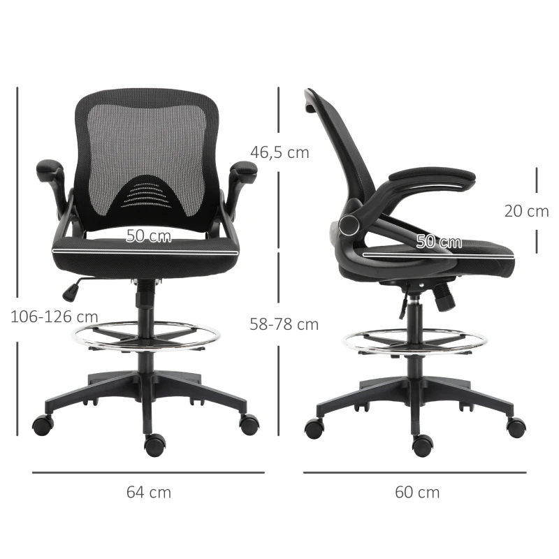 Vinsetto Chaise bureau ergonomique, fauteuil de bureau avec repose-pieds, chaise de dessin à dossier en maille, hauteur réglable, accoudoirs, assise rembourrée et pivotante 360°, noir