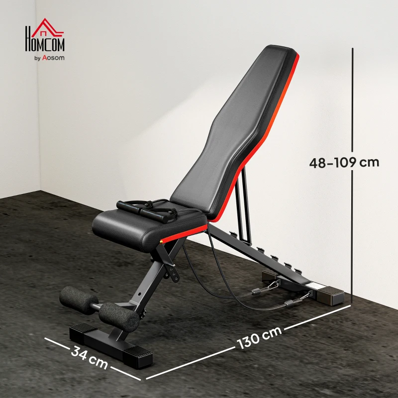 HOMCOM Panca Multifunzione per Addominali e Pesi, Inclinazione Regolabile ed Elastici, 130x48x48-109cm, Nero