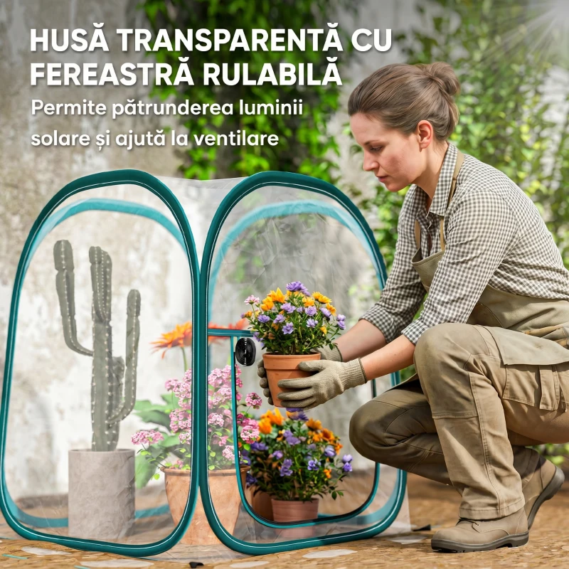 Outsunny Mini Seră Pop-Up cu Acoperire din Plastic, Fereastră Rulabilă și Geantă, 70x70x80 cm, Transparentă