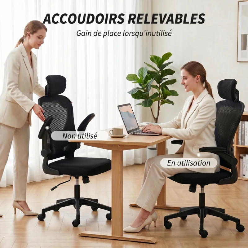 HOMCOM Chaise de Bureau Ergonomique, Fauteuil de Bureau en Maille avec Appui-Tête et Soutien Lombaire Réglables, Noir