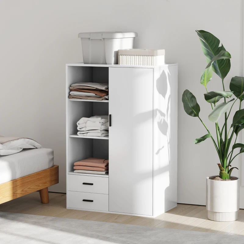 HOMCOM Armadio Moderno con 2 Cassetti, Ripiani Aperti e Vano Appendiabiti, 80x50x124 cm, Bianco