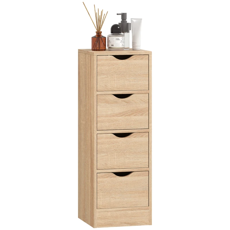 HOMCOM Dulap de Baie Economisitor de Spațiu cu 4 Sertare și Mânere Sculptate Stil Nordico, 29x29x83 cm, Lemn Natural