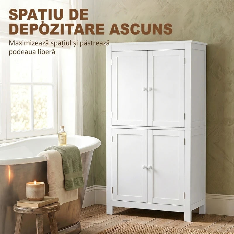 HOMCOM Dulap de Depozitare pentru Baie cu 4 Uși, Rafturi Reglabile, 60x30x110 cm, Alb