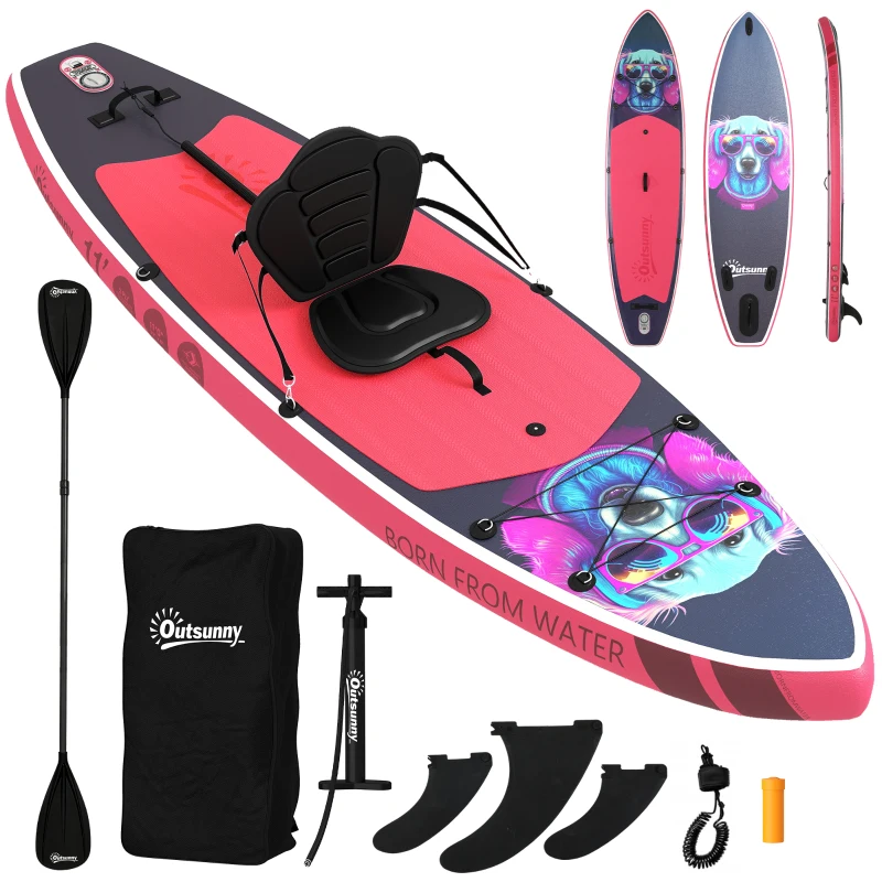 Outsunny SUP gonflabil cu scaun, vâslă și accesorii, din plastic și EVA, 335x82x15 cm, albastru și roz