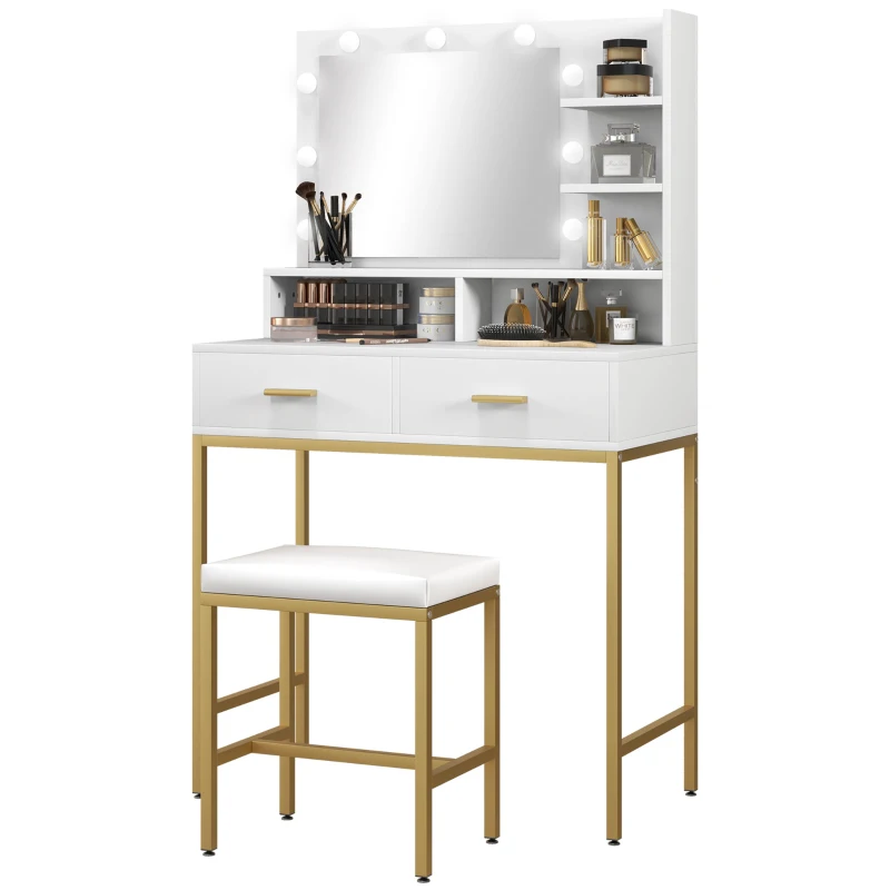 HOMCOM Măsuță de Toaletă cu Oglindă, 2 Sertare, 5 Rafturi și Taburet, din MDF și PAL, 80x40x138 cm, Alb