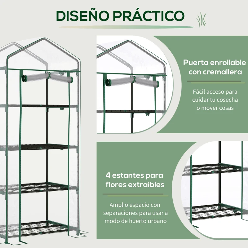 Outsunny Invernadero de Exterior con 4 Estantes, Invernadero Pequeño con Puerta Enrollable, Marco de Acero y Cubierta de Plástico, Anti-UV para Plantas, Macetas, Flores, 70x50x160 cm, Transparente
