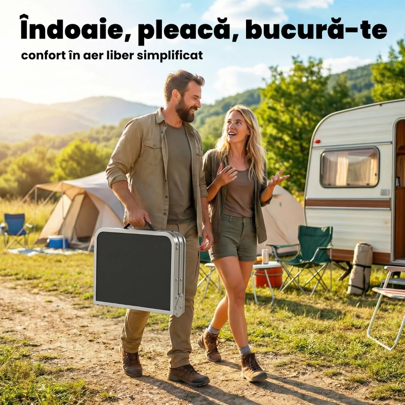 Outsunny Masă Camping Pliabilă cu Plasă și 4 Niveluri Reglabile, Aluminiu, 60x40x60 cm, Negru