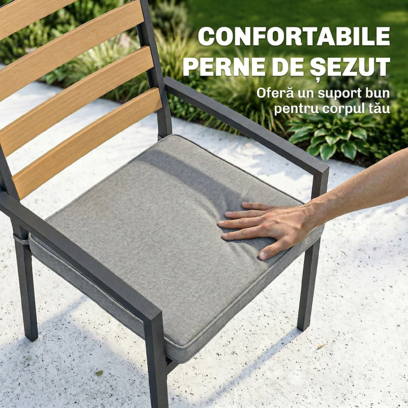 Outsunny Set Masă și Scaune de Grădină 7 Piese, Set pentru Prânz în Aer Liber cu Masă Dreptunghiulară din Sticlă Securizată, 6 Scaune, Perne, Cadru din Oțel Zincat pentru Terasă Balcon, Negru