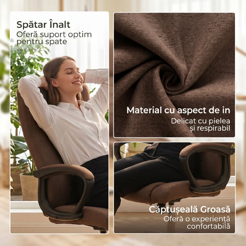 Vinsetto Scaun de Birou Ergonomic Inclinabil și Rotativ în Țesătură cu Aspect de In cu Tetieră, Maro
