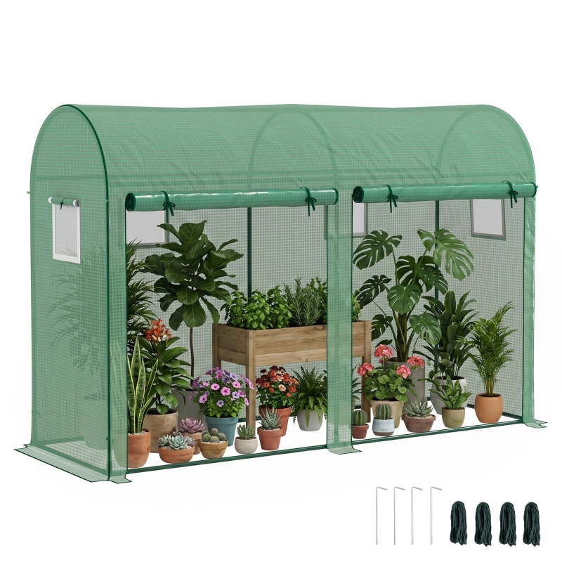 Outsunny Invernadero de Exterior 300x100x200 cm Invernadero de Jardín Invernadero con 4 Ventanas 2 Puertas Cubierta de PE 140g/㎡ y Marco de Acero para Cultivos Plantas Flores Verde