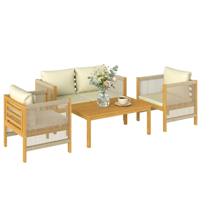 Outsunny Salon de Jardin Ensemble de Mobilier 4 Pièces en Bois d'Acacia Coussins Déhoussables et Corde Tressée Naturel