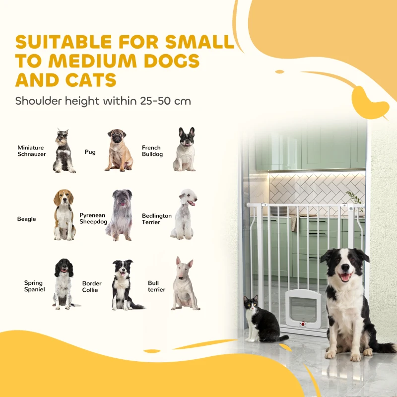PawHut Adjustable Pet Gate with Cat Door, Pressure Fit Barrier for Doorway and Hallway, 75-85 cm, White