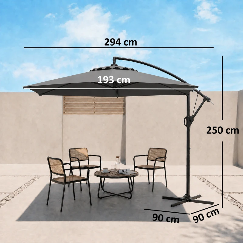 Outsunny Ombrellone da Giardino Decentrato con Base a Croce e Apertura a Manovella, 294x193cm, Grigio