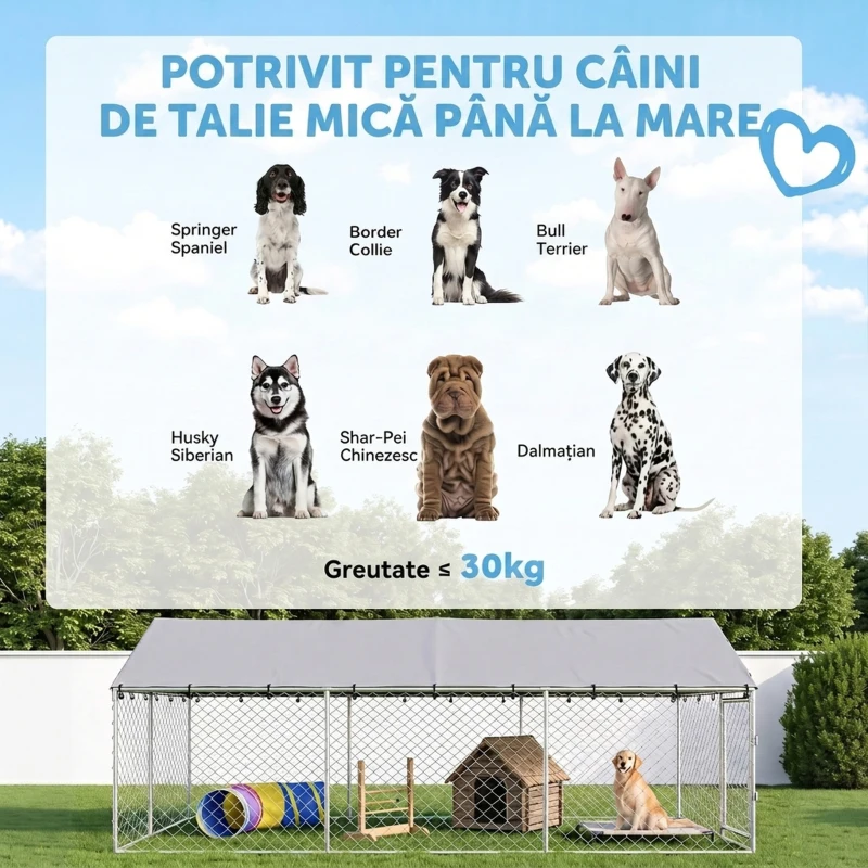 PawHut Țarc Exterior Câini Oțel, Plasă Galvanizată, Țesătură Oxford, 4x2,3x1,5m, Argintiu