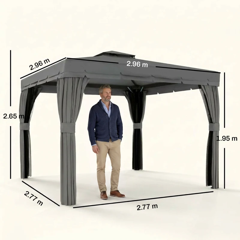 Outsunny 3 x 3(m) Patio Gazebo Canopy Garden Pavilion Tent Shelter Marquee with 2 Tier Water Repellent Roof, Mosquito Netting and Curtains, Aluminium Frame, Dark Grey