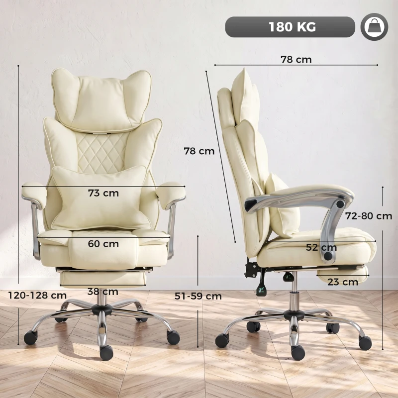 HOMCOM Executive Office Chair, PU Big and Tall Office Chair 180 kg with Wide Seat, Reclining, Lumbar Support, Beige