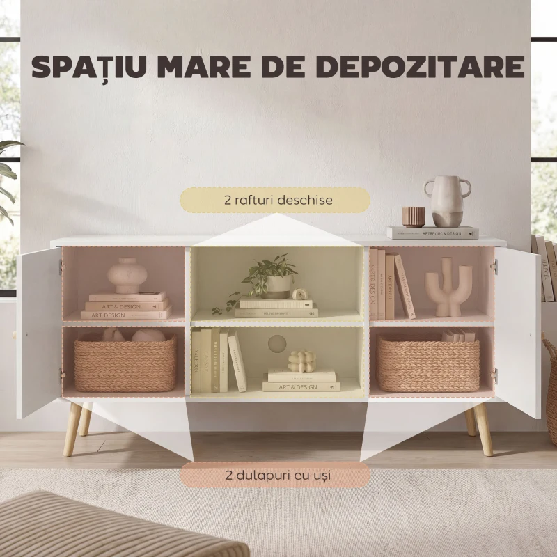 HOMCOM Mobilă TV pentru televizoare de până la 55 inch, cu 2 dulapuri și 2 rafturi deschise, din lemn și PAL melaminat, 120x34x50 cm, alb