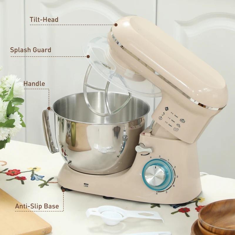 HOMCOM 1300W Kitchen Stand Mixer, with Accessories - Beige