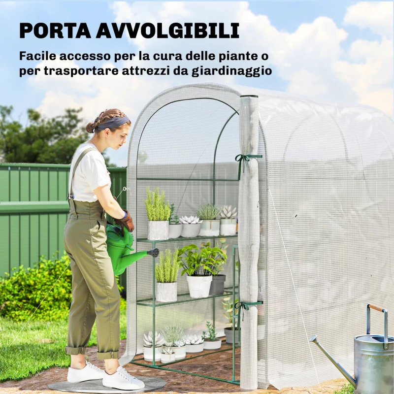 Outsunny Serra da Giardino con Scaffali a 2 Livelli e Porta Avvolgibile, in Acciaio e PE, 123x187x189 cm, Bianco