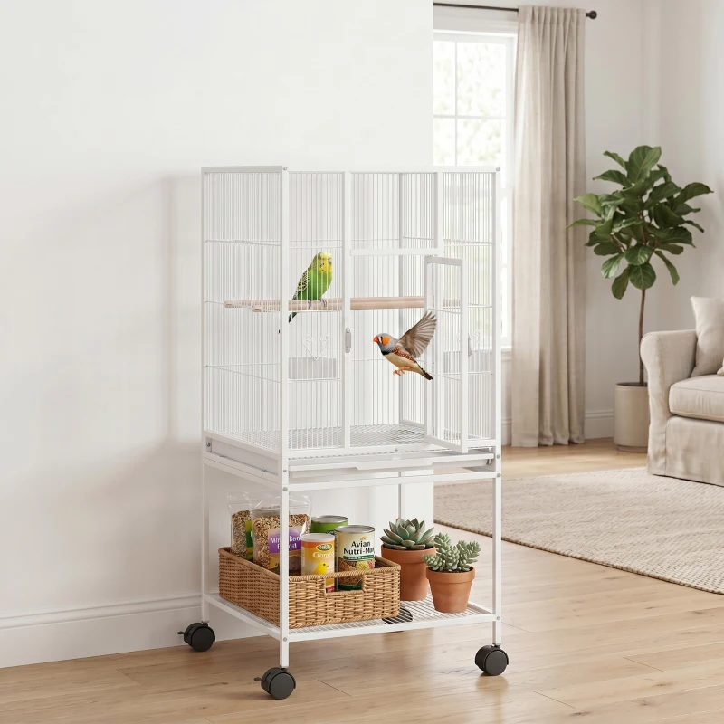 PawHut Bird Cage Detachable with Rolling Stand Parrot Cage with Storage Shelf White