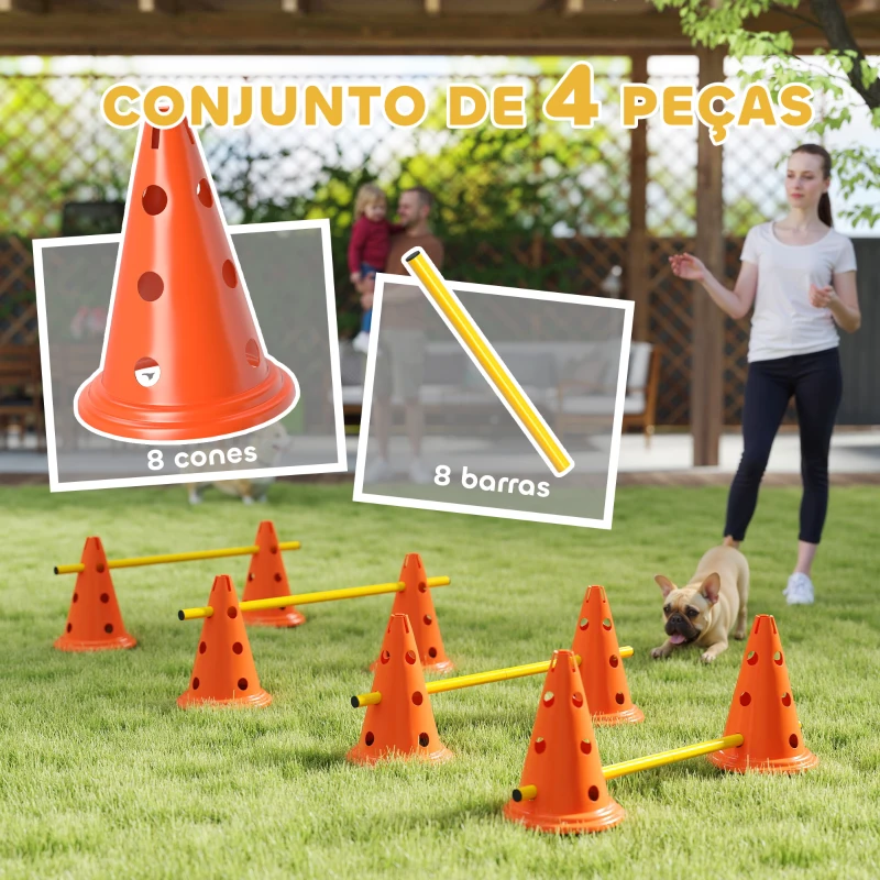 PawHut Conjunto de Agilidade para Cães Barreiras de Obstáculos para Treino de Coordenação 8 Cones 8 Barras Bolsa de Transporte Laranja