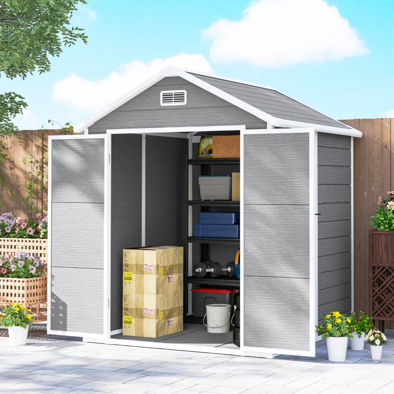 Outsunny Abri de jardin en résine 2,7 m² avec plancher portes à loquet 3 fenêtre structure en aluminium 240 x 190 x 228 cm gris
