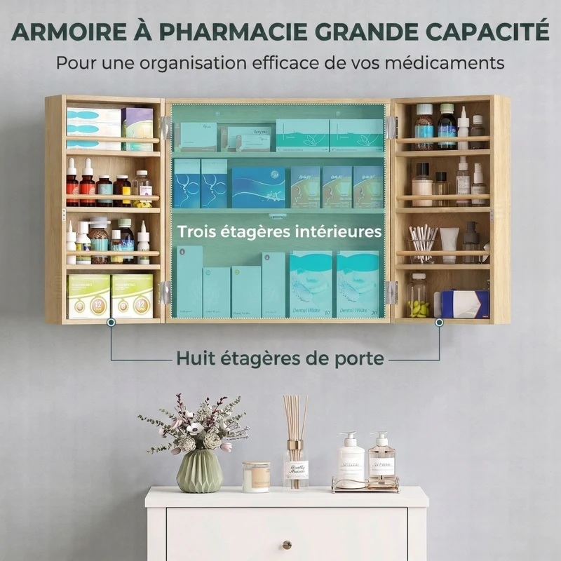 HOMCOM Armoire à pharmacie murale, armoire à médicaments avec double porte verrouillable 2 clés, 53x20x53cm, chêne