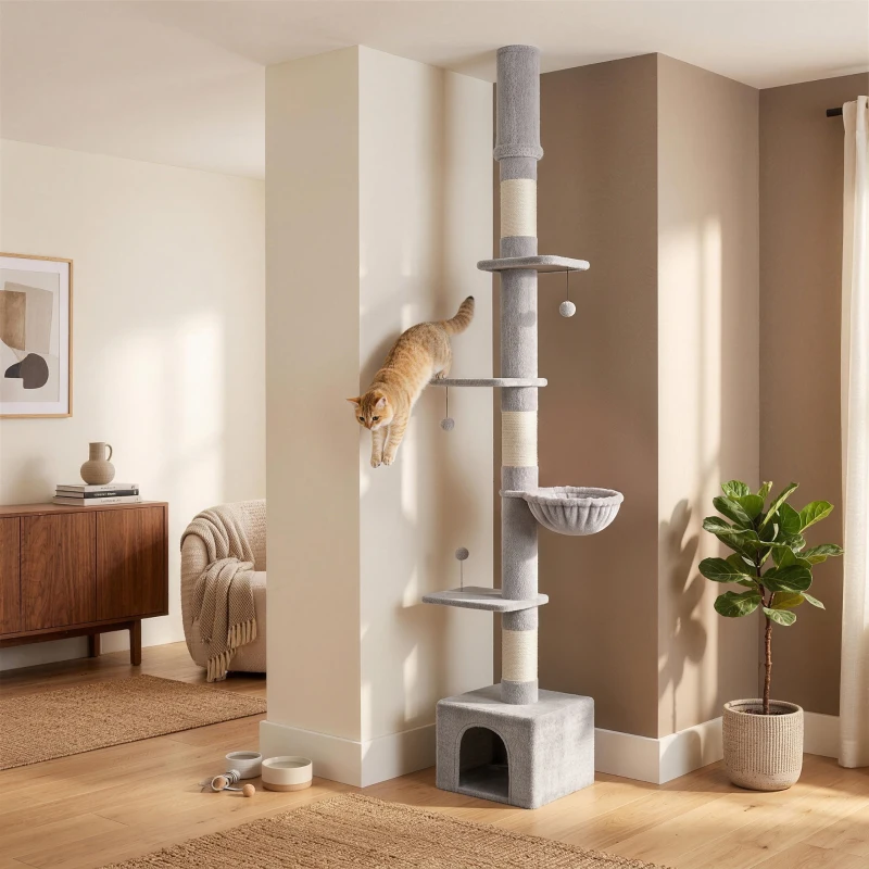 PawHut Floor to Ceiling Cat Tree, 230-250cm Multi-Level Cat Tower with Adjustable Height, Scratching Posts, Condo, Platforms