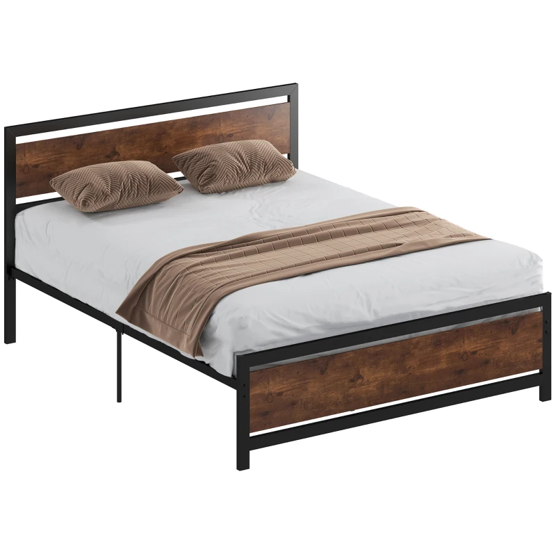 HOMCOM Cadre de lit double 200 x 160 cm en acier avec sommier et tête de lit compatible matelas aspect bois foncé