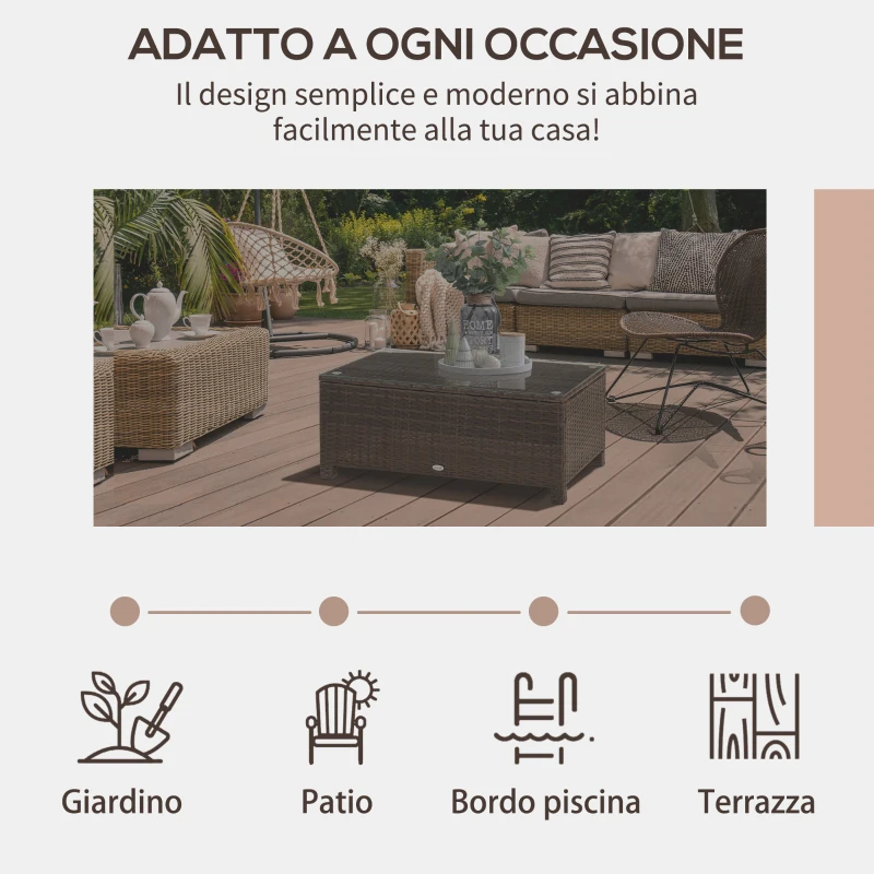 Outsunny Tavolo da Caffè da Esterno in Rattan e Vetro Temperato, Tavolino da Giardino Rettangolare, Tavolino da Esterno, per Giardino, Balcone, Terrazzo, 85x50x39 cm Marrone