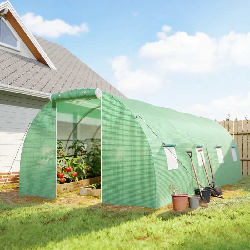 Outsunny 6 x 3 m Walk-in Polytunnel Greenhouse, Zipped Roll-Up Door, 8 Mesh Windows, UV-Resistant PE Cover, Green