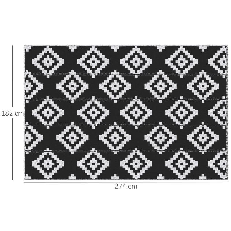 Covor de Exterior Outsunny pentru Balcon și Terasă Reversibil cu Motiv Geometric, 2.74x1.82 m, Negru și Alb