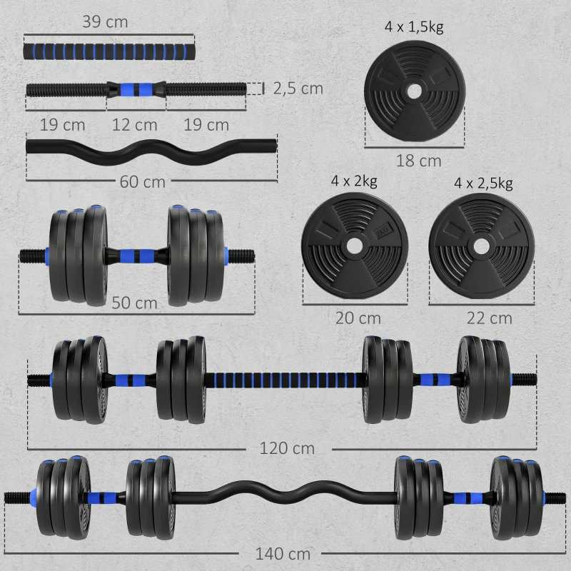 SPORTNOW Kit Haltères Musculation Haltères Réglables 25 kg 3 en 1, Ensemble de Poids Réglable avec Barre d'Extension Bleu