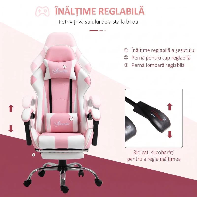 Vinsetto Scaun Gaming Ergonomic Reclinabil cu Tetieră, Pernă Lombară, Înălțime Reglabilă, Roz și Alb